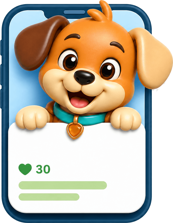 A happy dog popping out of a Pup Scroll feed post on a phone